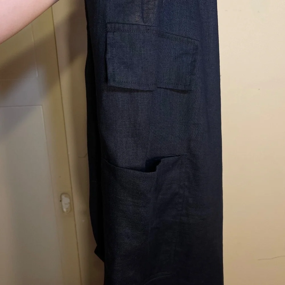 Black Linen Wide-Leg Cargo Pants